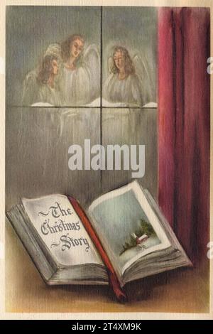 Vintage Christmas card designs from the 1940's, the Holy Family, arrival of the Magi, decorations, winter scenes Stock Photo