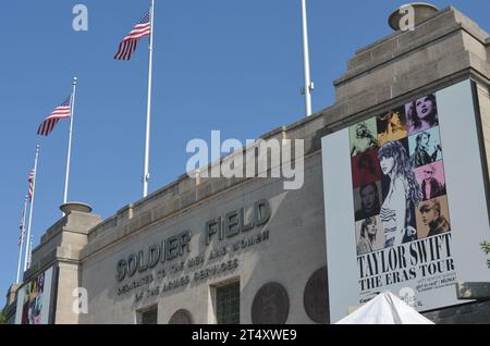Chicago, Illinois, USA: June 3, 2023 - Soldier Field Entrance with Taylor Swift Eras Tour Posters Stock Photo