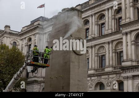 Specialist contractors spent Thursday morning cleaning The Cenotaph on Whitehall to keep it looking its best for Remembrance Sunday. The memorial is given an annual clean at this time of year ready for people to remember those who have lost their lives serving their country. 02nd November 2023, Westminster London, England, United Kingdom Credit: Jeff Gilbert/Alamy Live News Stock Photo