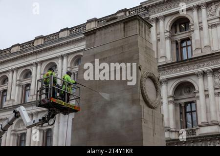 Specialist contractors spent Thursday morning cleaning The Cenotaph on Whitehall to keep it looking its best for Remembrance Sunday. The memorial is given an annual clean at this time of year ready for people to remember those who have lost their lives serving their country. 02nd November 2023, Westminster London, England, United Kingdom Credit: Jeff Gilbert/Alamy Live News Stock Photo