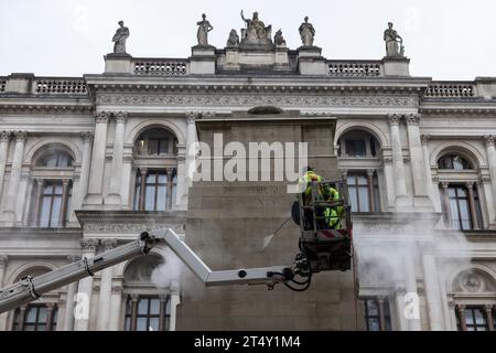 Specialist contractors spent Thursday morning cleaning The Cenotaph on Whitehall to keep it looking its best for Remembrance Sunday. The memorial is given an annual clean at this time of year ready for people to remember those who have lost their lives serving their country. 02nd November 2023, Westminster London, England, United Kingdom Credit: Jeff Gilbert/Alamy Live News Stock Photo