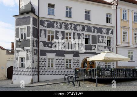 Graffitos, Knight's House, Main Square, Nikolsburg, Mikulov, Jihomoravsky kraj, Czech Republic Stock Photo
