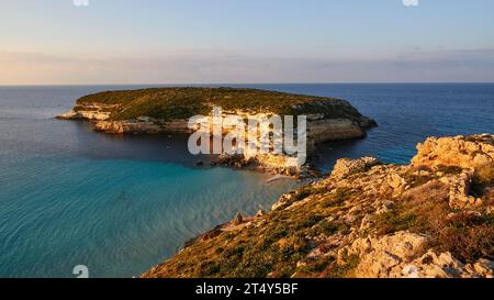 Rabbit Island, green, blue sky, Isola dei Conigli, Spiaggia dei Conigli, Riserva Naturale Orientata Isola di Lampedusa, Lampedusa Island, Agrigento Stock Photo