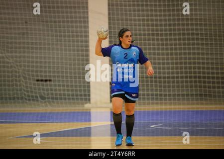 Oviedo, Asturias, Spain. 1st Nov, 2023. Oviedo, Spain, 1st November, 2023: The player of Lobas Global Atac Oviedo, Aida Palicio (2) with the ball during the 9th Matchday of the Liga Guerreras Iberdrola between Lobas Global Atac Oviedo and Motive.co Gijon Balonmano La Calzada, on November 1, 2023, at the Florida Arena Municipal Sports Center, in Oviedo, Spain. (Credit Image: © Alberto Brevers/Pacific Press via ZUMA Press Wire) EDITORIAL USAGE ONLY! Not for Commercial USAGE! Stock Photo