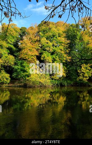 River Taff and Autumn colours, Blackweir, Pontcanna, Cardiff, Wales. Stock Photo