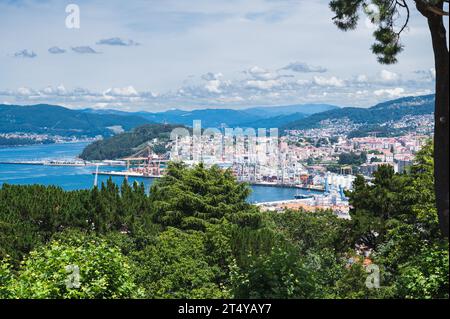 The view from the hill in Parque Monte del Castro, park located on a hill in Vigo, the biggest city in Galicia Region, in the North of Spain. View of the sea, houses and trees, selective focus Stock Photo