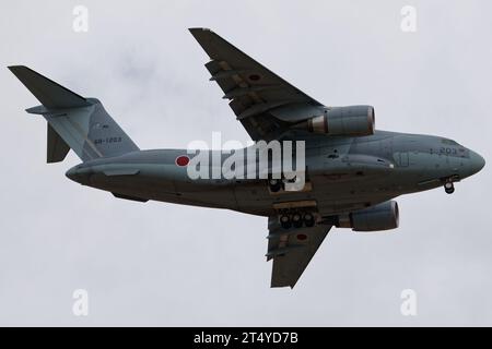 Japan Air Self Defence Force (JASDF) Kawasaki C-2 seen making a low flyby at Avalon Airshow 2019. Stock Photo