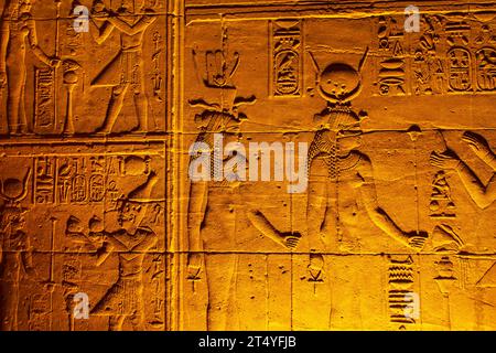 Carved walls of the Temple of Isis on the island of Philae. Details. Aswan, Egypt – October 18, 2023 Stock Photo