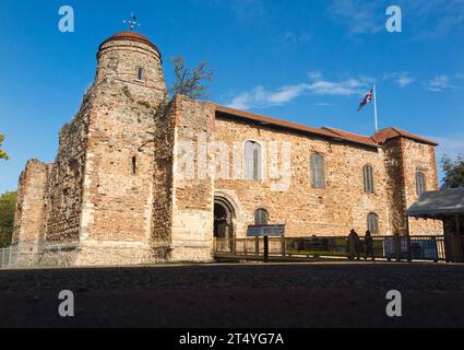 Exterior / outside walls of Colchester Castle, Castle Park, on a sunny late summer / autumn day with blue sky / skies and sun. UK. (136) Stock Photo