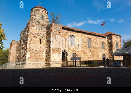 Exterior / outside walls of Colchester Castle, Castle Park, on a sunny late summer / autumn day with blue sky / skies and sun. UK. (136) Stock Photo