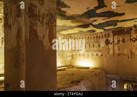 Painted walls in one of the tombs in the Valley of the Kings. Luxor, Egypt – October 21, 2023 Stock Photo