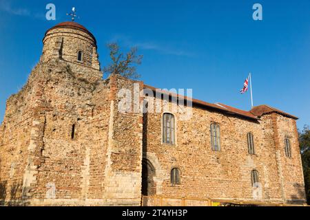 Exterior / outside walls of Colchester Castle, Castle Park, on a sunny late summer / autumn day with blue sky / skies and sun. UK. (136) Stock Photo