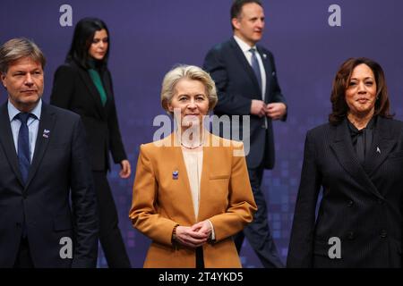 President of the European Commission Ursula von der Leyen and US Vice-President Kamala Harris (right), during the AI safety summit, the first global summit on the safe use of artificial intelligence, at Bletchley Park in Milton Keynes, Buckinghamshire. Picture date: Thursday November 2, 2023. Stock Photo