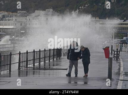 Waves crashing in Dover Kent, as Storm Ciaran brings high winds and heavy rain along the south coast of England. The Environment Agency has issued 54 warnings where flooding is expected, and an amber weather warning is in place with winds expected to reach 70mph to 80mph. Picture date: Thursday November 2, 2023. Stock Photo