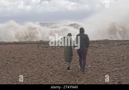 Waves crashing in Dover Kent, as Storm Ciaran brings high winds and heavy rain along the south coast of England. The Environment Agency has issued 54 warnings where flooding is expected, and an amber weather warning is in place with winds expected to reach 70mph to 80mph. Picture date: Thursday November 2, 2023. Stock Photo
