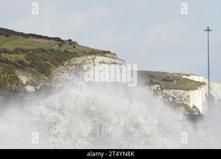 Waves crashing in Dover Kent, as Storm Ciaran brings high winds and heavy rain along the south coast of England. The Environment Agency has issued 54 warnings where flooding is expected, and an amber weather warning is in place with winds expected to reach 70mph to 80mph. Picture date: Thursday November 2, 2023. Stock Photo