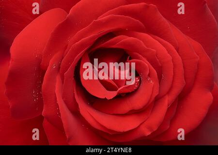 close-up macro view of red rose, timeless symbol of love and affection, deep vibrant red color and detailed beautiful blooming blossom background wall Stock Photo