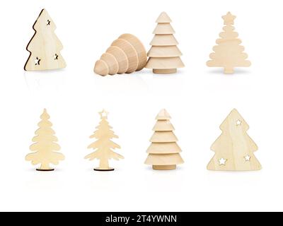Set of Wooden Christmas Toys Isolated on White Background with Shadow and Reflection for Decoration. Stock Photo