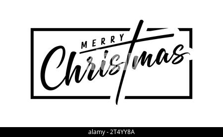 Merry Christmas black calligraphy lettering, web slide. Xmas handwritten inscription with text in frame. Vector illustration Stock Vector