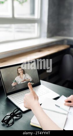 Virtual Connections. Woman Engages in Online Discussion, Work from Home, Freelance, Video Conferencing, Distance Education, and Online Dating Concept Stock Photo