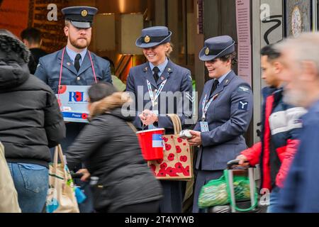 London, UK. 2nd Nov, 2023. RAF personnel sell poppies at Brixton station - The Royal British Legion London Poppy Day - a collection day supported by members of the Armed Forces, all in aid of the Poppy Appeal. Credit: Guy Bell/Alamy Live News Stock Photo