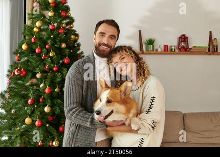 happy couple in winter clothing holding corgi dog and standing near decorated Christmas tree Stock Photo