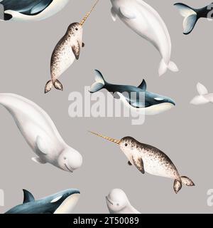 Watercolor seamless pattern with beluga, killer whale and narwhal isolated on white background. Hand painting realistic Arctic and Antarctic ocean mam Stock Photo