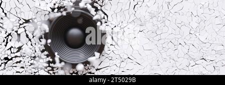 Loudspeaker breaks a white wall background, Powerful stereo sound, loud volume 3d render Stock Photo