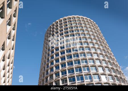 The elegant but brutalist façade of Harry Hyams' Space House on Kemble Street, London, WC2, England, U.K. Stock Photo