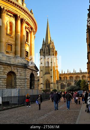 Radcliffe Camera building with spire University Church of St Mary the Virgin in background, Oxford Stock Photo