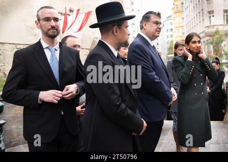 Home Secretary Suella Braverman (left) lays a wreath at a plaque commemorating victims of the November 2 2020 terror attack during her visit to Vienna, Austria. Picture date: Thursday November 2, 2023. Stock Photo