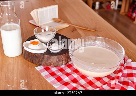 Cook's workplace. Ingredients for dough preparation Stock Photo