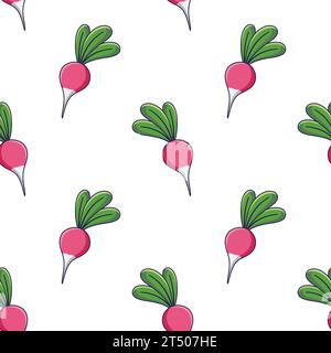 Cute Radish seamless pattern in doodle style. Vector hand drawn cartoon Radish illustration. Hand drawn Sketch of Radish. Pattern for kids clothes. Stock Vector