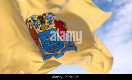 Close-up of New Jersey state flag waving in the wind. US state flag. Pride and community concept. 3d illustration render. Rippling fabric. Selective f Stock Photo