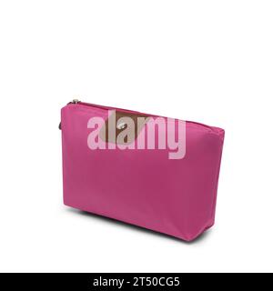 women zipper cosmetics case ladies travel make up pencil cases bags purse organizing hand bag, large,  purple color, side view. blank, mock-up. Stock Photo