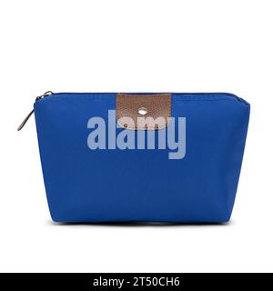 women zipper cosmetics case ladies travel make up pencil cases bags purse organizing hand bag, large,  blue color, front view. blank, mock-up. Stock Photo
