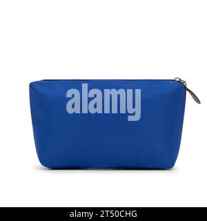 women zipper cosmetics case ladies travel make up pencil cases bags purse organizing hand bag, large, blue color, back view. blank, mock-up. Stock Photo