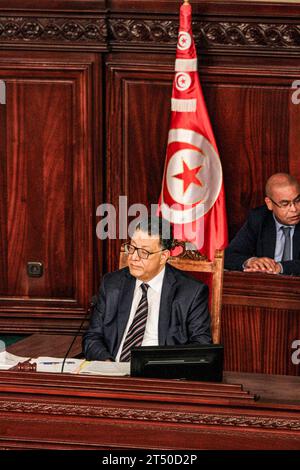 November 2, 2023: Tunis, Tunisia. 02 November 2023. The president of the Tunisian Parliament Ibrahim Bouderbala during an extraordinary parliamentary session to discuss a draft law criminalising the normalisation of relations with Israel. If approved, the draft law would criminalise economic, cultural, and military ties with Israel. The parliamentary session coincided with a major demonstration in Tunis to express support with Palestinians and the Gaza Strip and to condemn the ongoing Israeli military offensive in the Palestinian enclave (Credit Image: © Hasan Mrad/IMAGESLIVE via ZUMA Press Wi Stock Photo