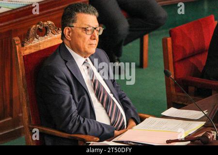 November 2, 2023: Tunis, Tunisia. 02 November 2023. The president of the Tunisian Parliament Ibrahim Bouderbala during an extraordinary parliamentary session to discuss a draft law criminalising the normalisation of relations with Israel. If approved, the draft law would criminalise economic, cultural, and military ties with Israel. The parliamentary session coincided with a major demonstration in Tunis to express support with Palestinians and the Gaza Strip and to condemn the ongoing Israeli military offensive in the Palestinian enclave (Credit Image: © Hasan Mrad/IMAGESLIVE via ZUMA Press Wi Stock Photo