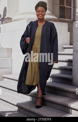 Portrait, black woman and lawyer at the court for justice, empowerment and confidence of leader in law, jury or success in case. Happy, African judge Stock Photo