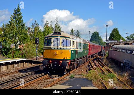 BR Green liveried Class 33 Diesel no. D6515 arrives at Brockenhurst in the New Forest with a Swanage Sunday Special excursion from London Waterloo. Stock Photo