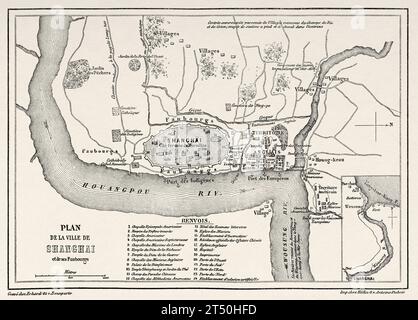 Old Map of the City of Shanghai and its Suburbs, China, Asia. Travels in China and Japan by the Marquis Alfred de Moges 1857 - 1858. Old 19th century engraving from Le Tour du Monde 1860 Stock Photo