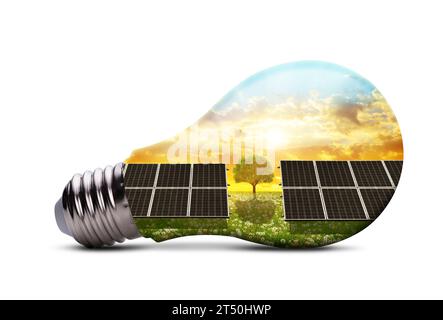 Eco LED light bulb with solar energy panels isolated on white background. Concept of green energy. Stock Photo