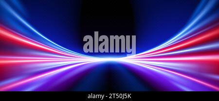 Light speed motion effect background with blue and red line. Night flare on road for fast movement on street. Neon race trail with color blur gradient on highway. Cyber network velocity pattern Stock Vector