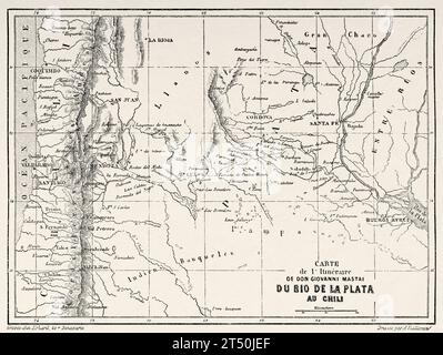 Old Map of the itinerary of Voyage of Don Giovanni Mastai in South America (1823-1824) Old 19th century engraving from Le Tour du Monde 1860 Stock Photo