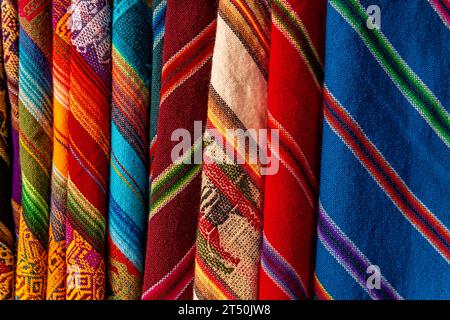 Colorful andes textiles fabrics on witch market, La Paz, Bolivia. Stock Photo