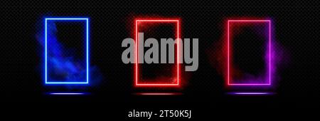 Neon futuristic door frame with glowing and steam effect. Realistic vector illustration set of illuminated blue, red and purple led rectangular portal with fog and sparkles on black background. Stock Vector
