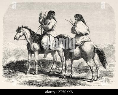 Native Comanche Indians on horseback. USA. Voyage of Heinrich Balduin Mollhausen from the Mississippi river to the shores of the Pacific Ocean 1853–1854. Old 19th century engraving from Le Tour du Monde 1860 Stock Photo