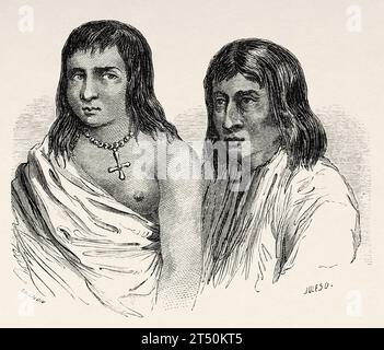 Native indians inhabitants of Santo Domingo, New Mexico. USA. Voyage of Heinrich Balduin Mollhausen from the Mississippi river to the shores of the Pacific Ocean 1853–1854. Old 19th century engraving from Le Tour du Monde 1860 Stock Photo