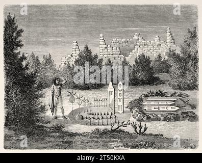 Altar and ruins at Zuni. USA. Voyage of Heinrich Balduin Mollhausen from the Mississippi river to the shores of the Pacific Ocean 1853–1854. Old 19th century engraving from Le Tour du Monde 1860 Stock Photo